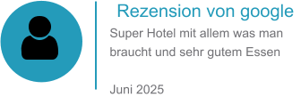 Rezension von google Super Hotel mit allem was man braucht und sehr gutem Essen  Juni 2025